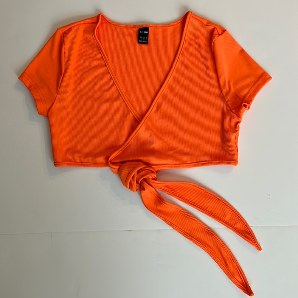 Shein plunge neck wrap, cross tie back crop top